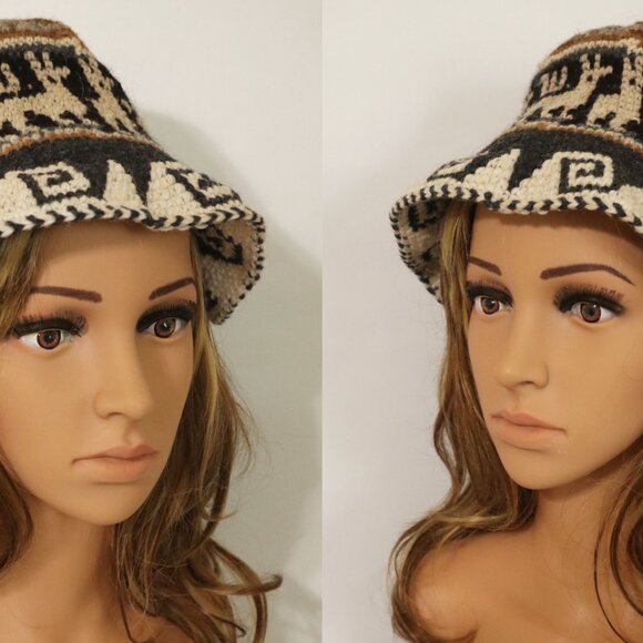 Bucket Hat Peruvian Crochet Roll-Up‎ Hat Thick Knit Alpaca & Sheep Wool Small